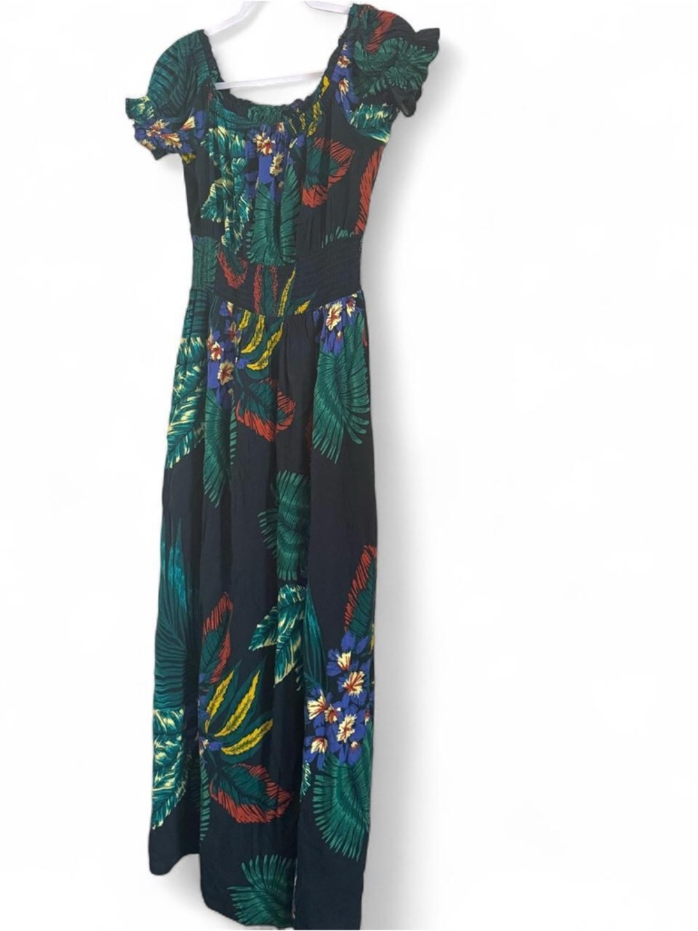Brand new: Patrons of Peace Maxi Dress with Green Indigo & Yellow Tropical Print